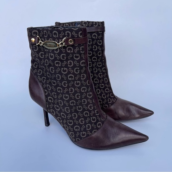 Guess Vintage Heeled Boots  Women's Size 7 US Brown Leather Canvas‎ Pointy Toe - Picture 4 of 10